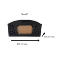 Load image into Gallery viewer, A small black decorative wooden gift basket with a central wood-grain panel, shown on a white background with dimension arrows indicating 210 cm long, 110 cm wide, and labeled Small.