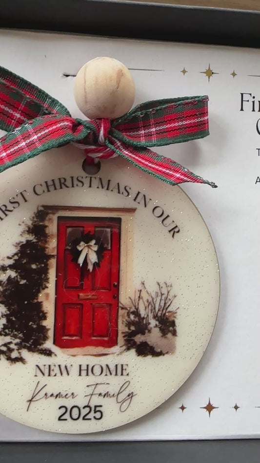 Personalised Ornament – First Christmas in Our New Home | Gift Box & Card | Add Family Name or Custom Design
