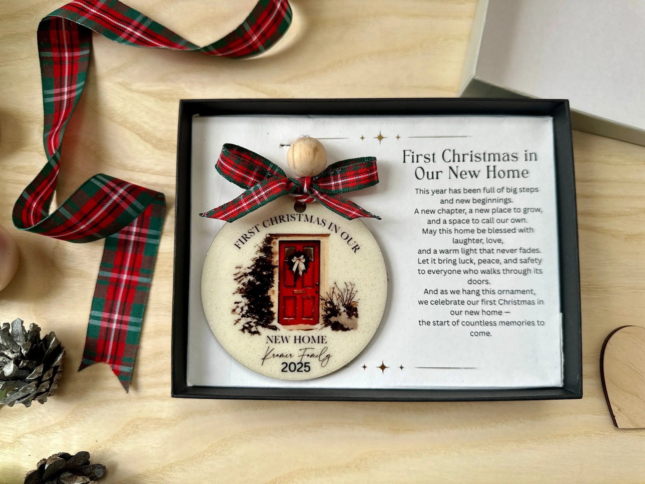 Personalised Ornament – First Christmas in Our New Home | Gift Box & Card | Add Family Name or Custom Design Krevana Personalised Ornament – First Christmas in Our New Home | Gift Box & Card | Add Family Name or Custom Design