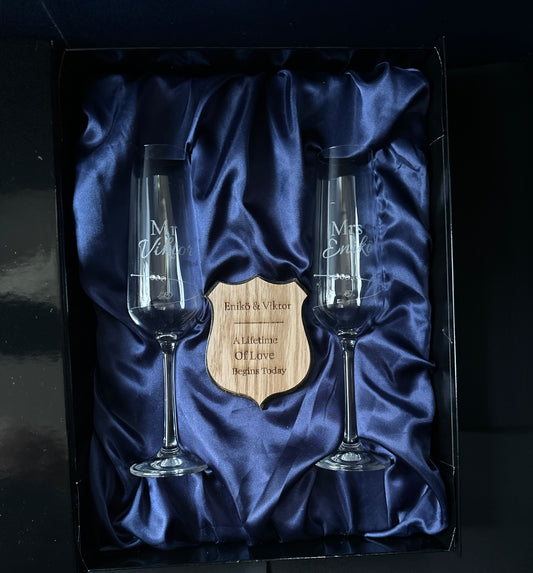 Luxury Personalised Wedding Champagne Glass Set with Plaque – Gift Box
