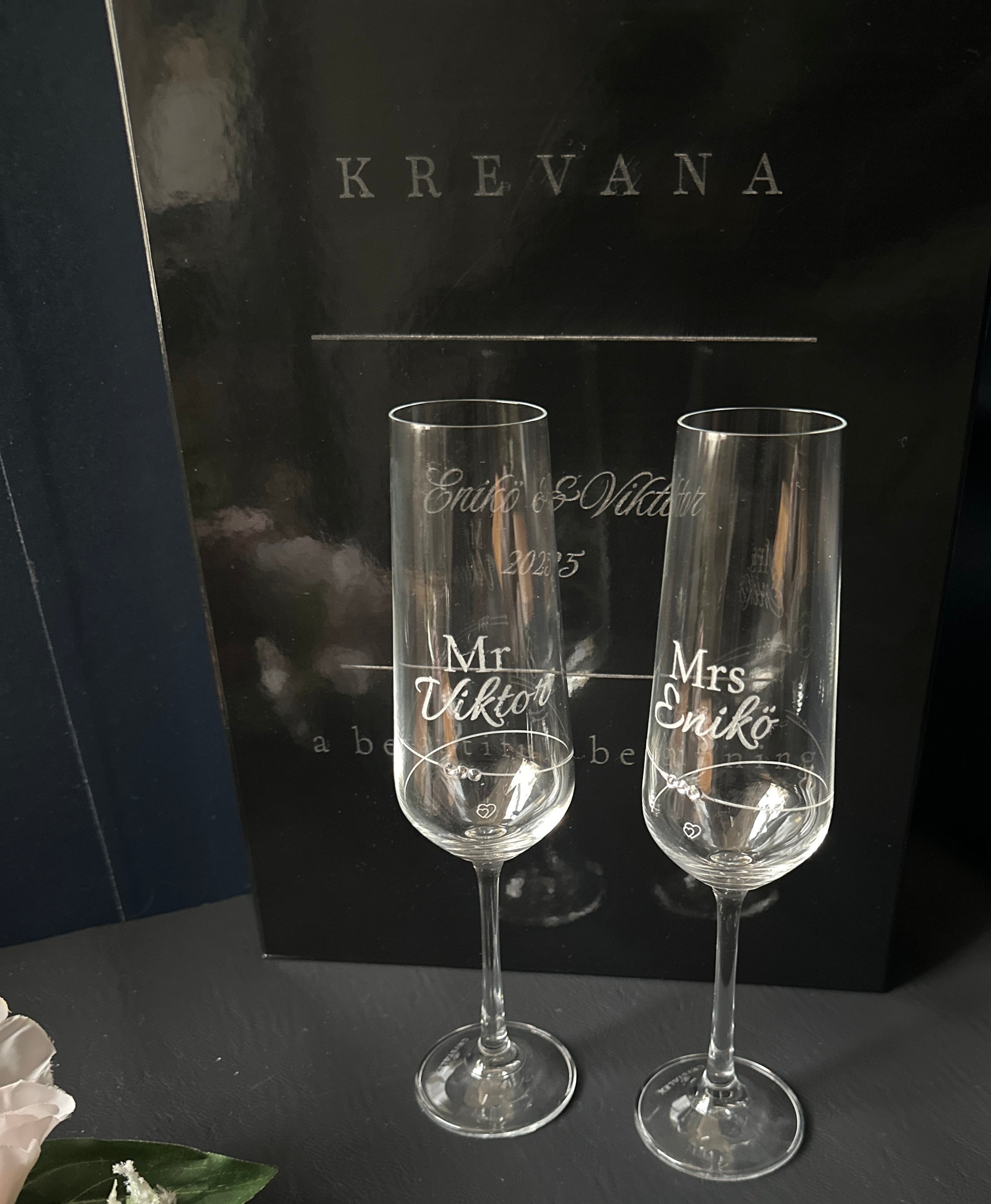 Luxury Personalised Wedding Champagne Glass Set with Plaque – Gift Box