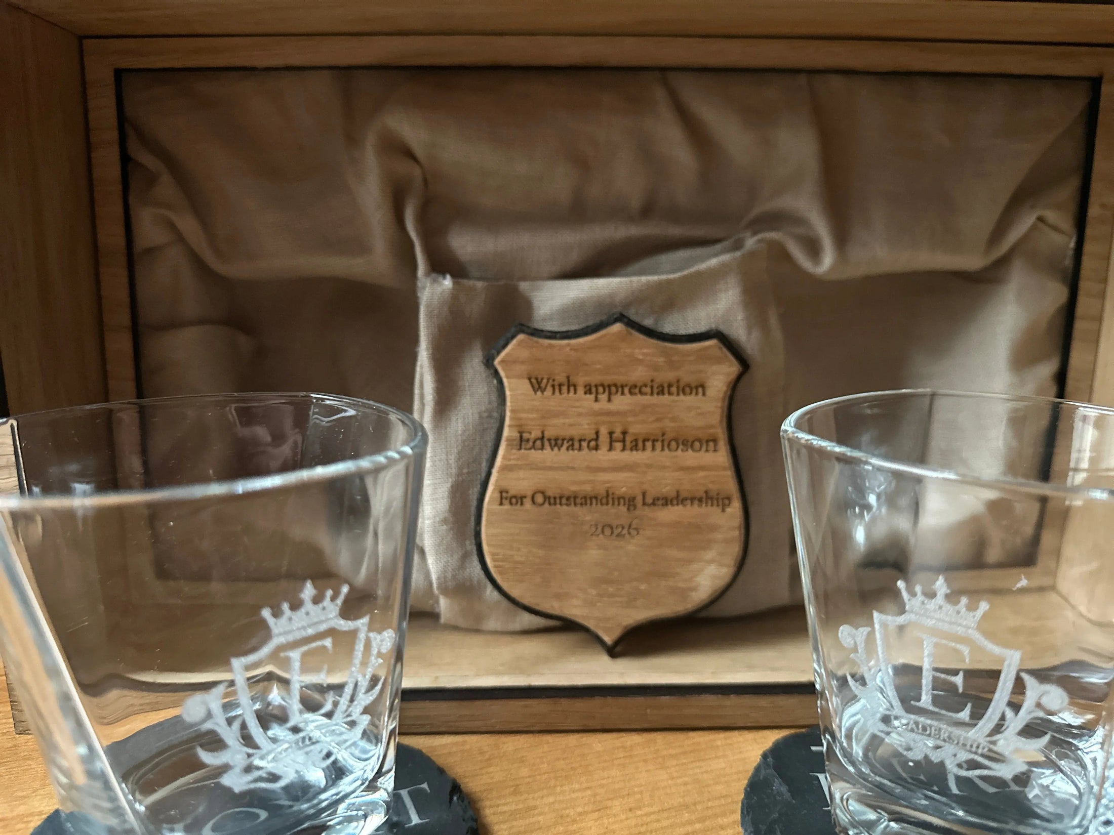 Personalised Wooden Whiskey Gift Set — Engraved Shadow Box with Two Glasses & Custom Plaque Krevana Personalised Wooden Whiskey Gift Set — Engraved Shadow Box with Two Glasses & Custom Plaque