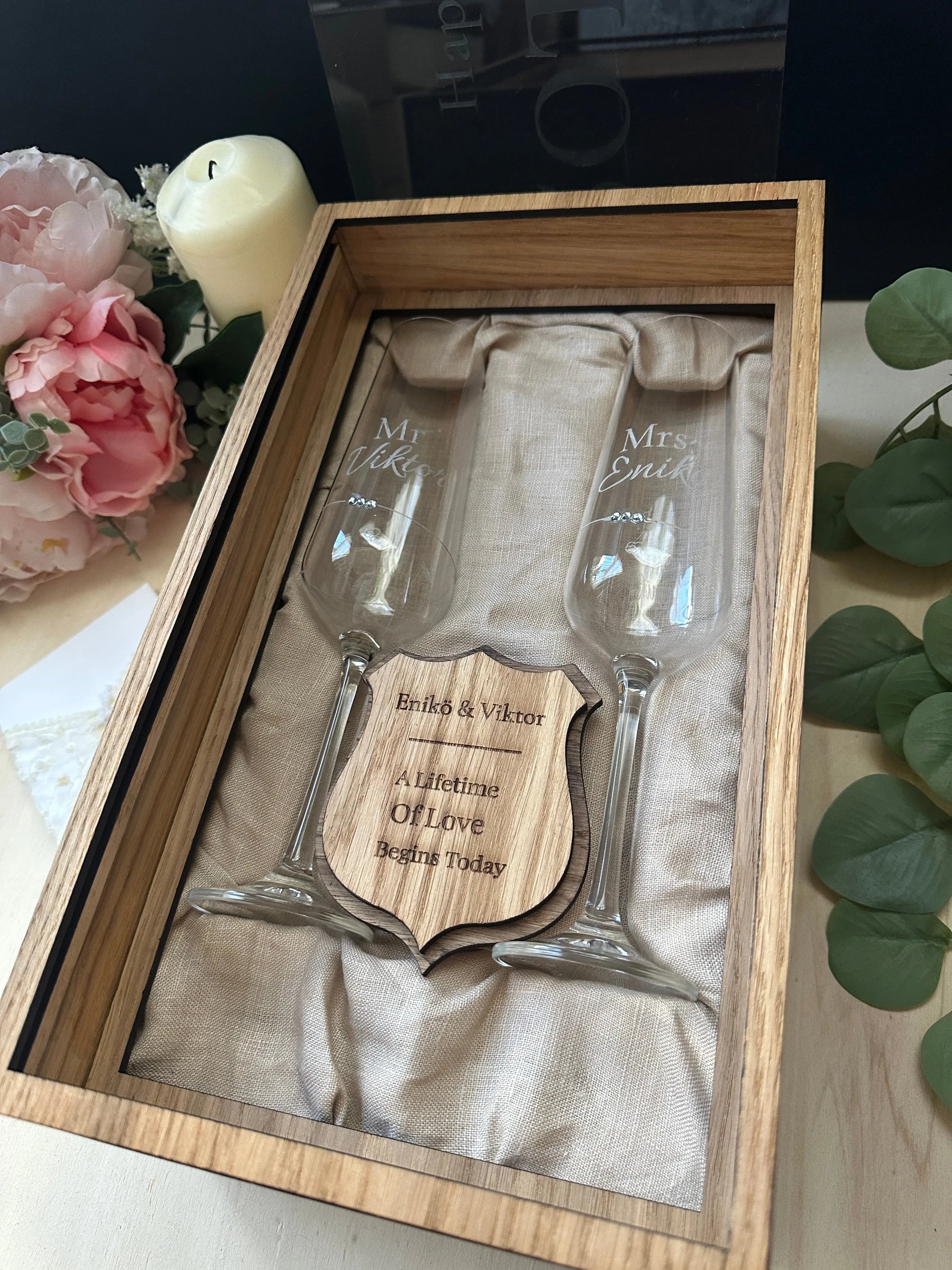 Personalised Wooden Box Wedding Gift Set — Crystal Champagne Flutes in Wooden Shadow Box UK Krevana Personalised Wooden Box Wedding Gift Set — Crystal Champagne Flutes in Wooden Shadow Box UK