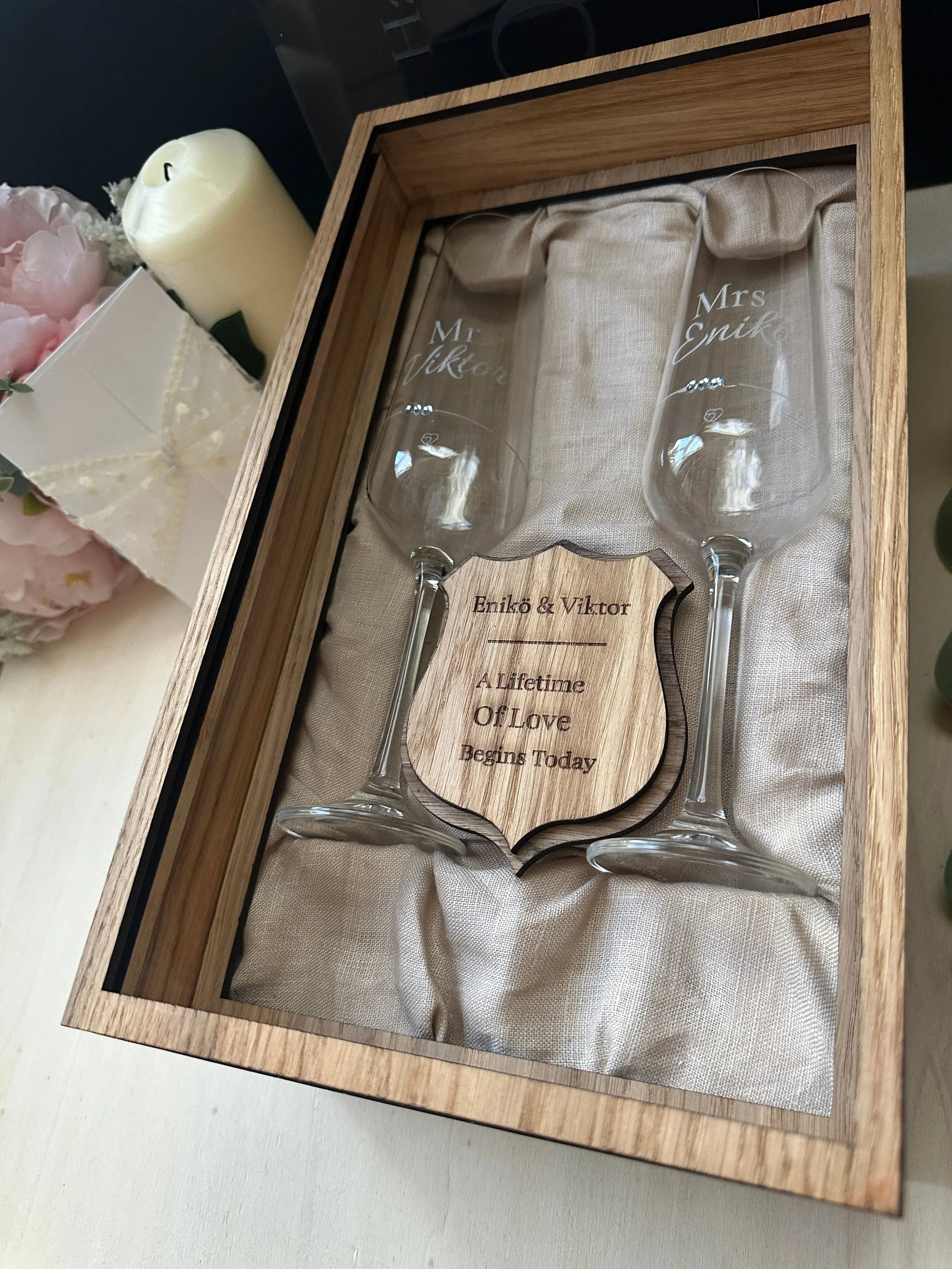 Personalised Wooden Box Wedding Gift Set — Crystal Champagne Flutes in Wooden Shadow Box UK Krevana Personalised Wooden Box Wedding Gift Set — Crystal Champagne Flutes in Wooden Shadow Box UK