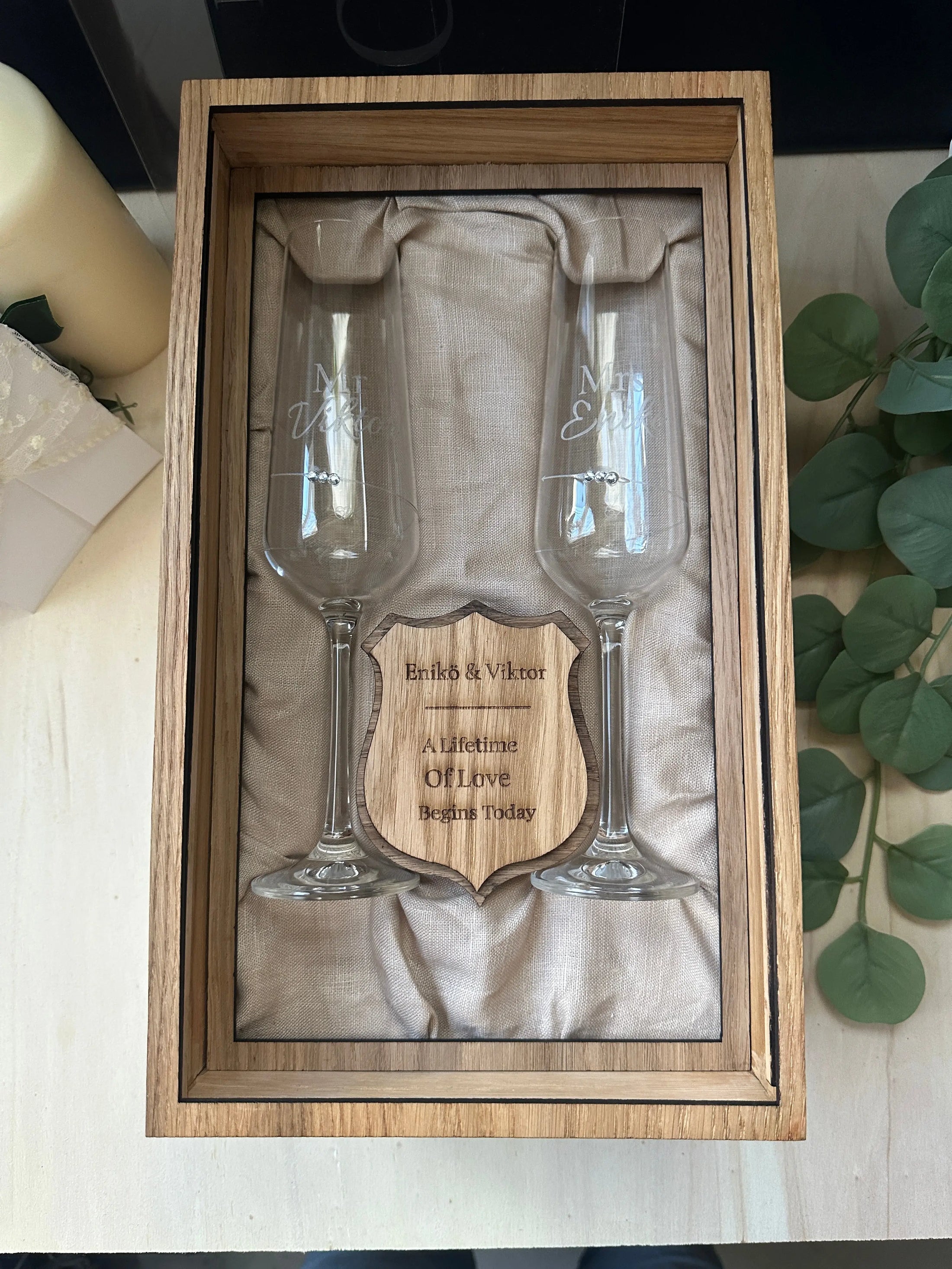 Personalised Wooden Box Wedding Gift Set — Crystal Champagne Flutes in Wooden Shadow Box UK Krevana Personalised Wooden Box Wedding Gift Set — Crystal Champagne Flutes in Wooden Shadow Box UK