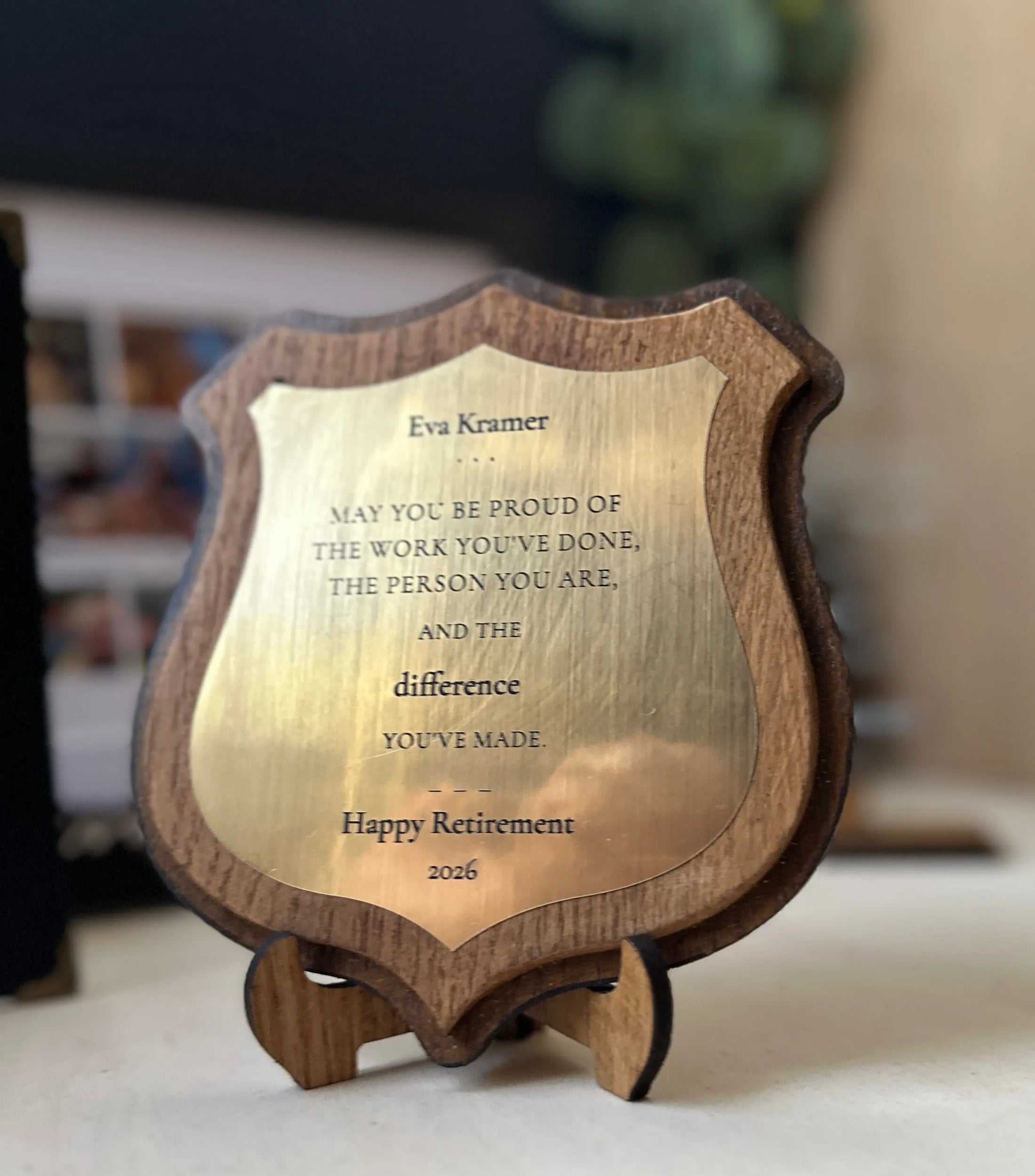 Personalised Retirement Gift Plaque | Engraved Wooden Shield Award with Brushed Gold Plate Krevana Personalised Retirement Gift Plaque | Engraved Wooden Shield Award with Brushed Gold Plate