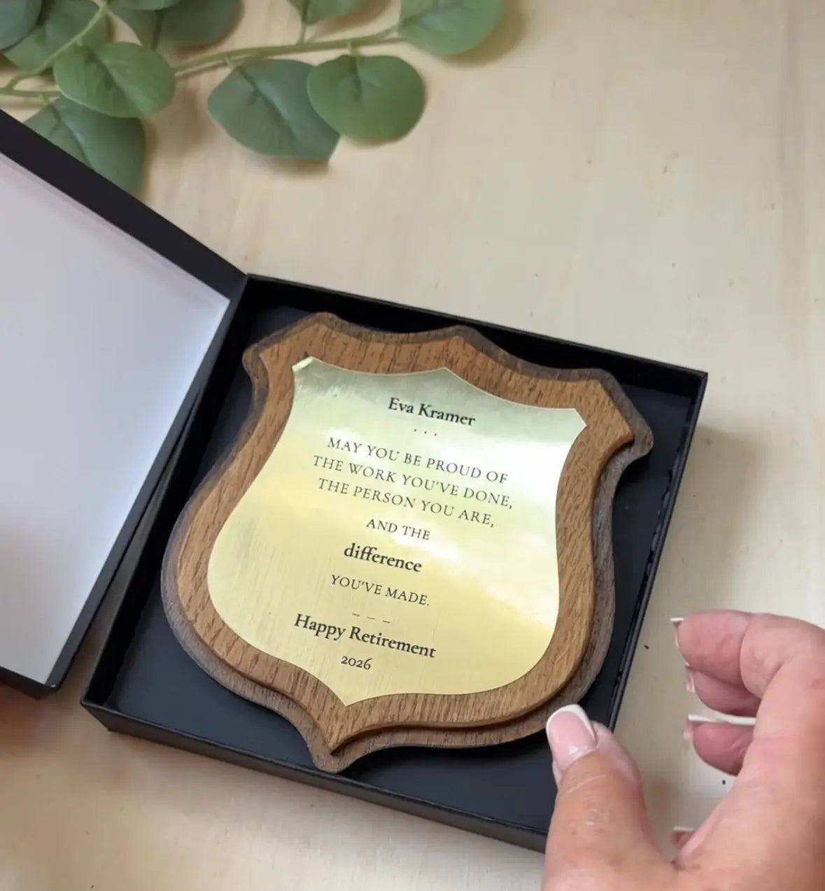 Personalised Retirement Gift Plaque | Engraved Wooden Shield Award with Brushed Gold Plate Krevana Personalised Retirement Gift Plaque | Engraved Wooden Shield Award with Brushed Gold Plate