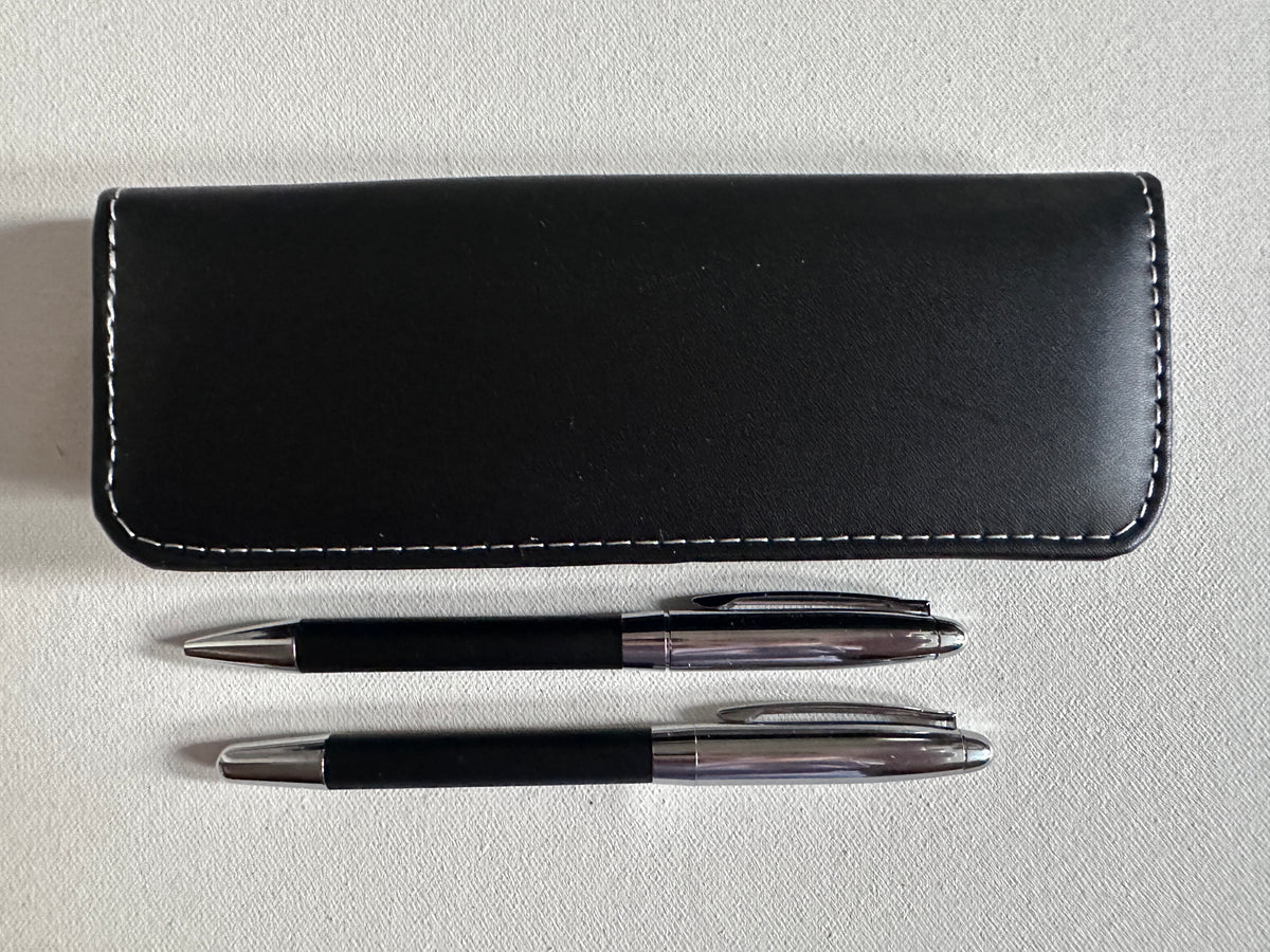 Personalised Engraved Pens Set with PU Leather Case – Ballpoint & Rollerball