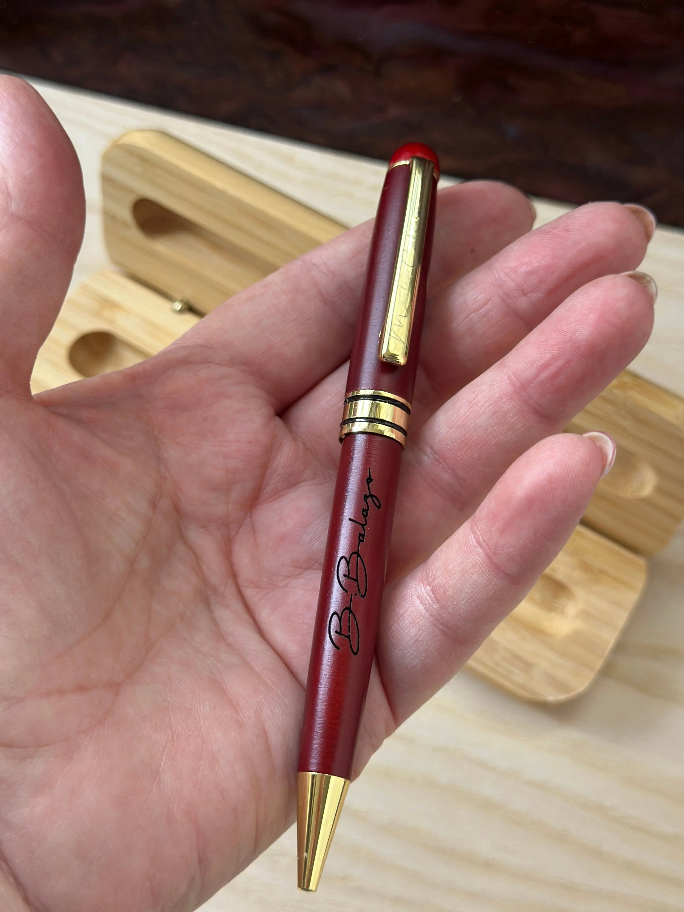 Personalized Red Wooden Ballpoint Pen with Gold Accents – Custom Engraved Pen with Optional Bamboo Gift Case Krevana Personalized Red Wooden Ballpoint Pen with Gold Accents – Custom Engraved Pen with Optional Bamboo Gift Case