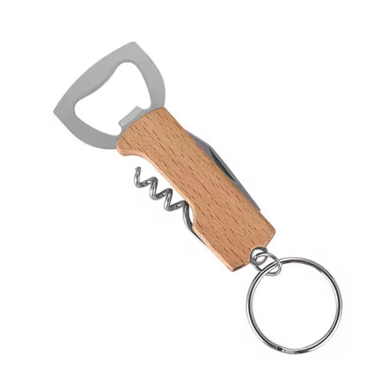 Wooden Bottle opener Keyring 3 in 1 with Corkscrew Wine Bottle Opener