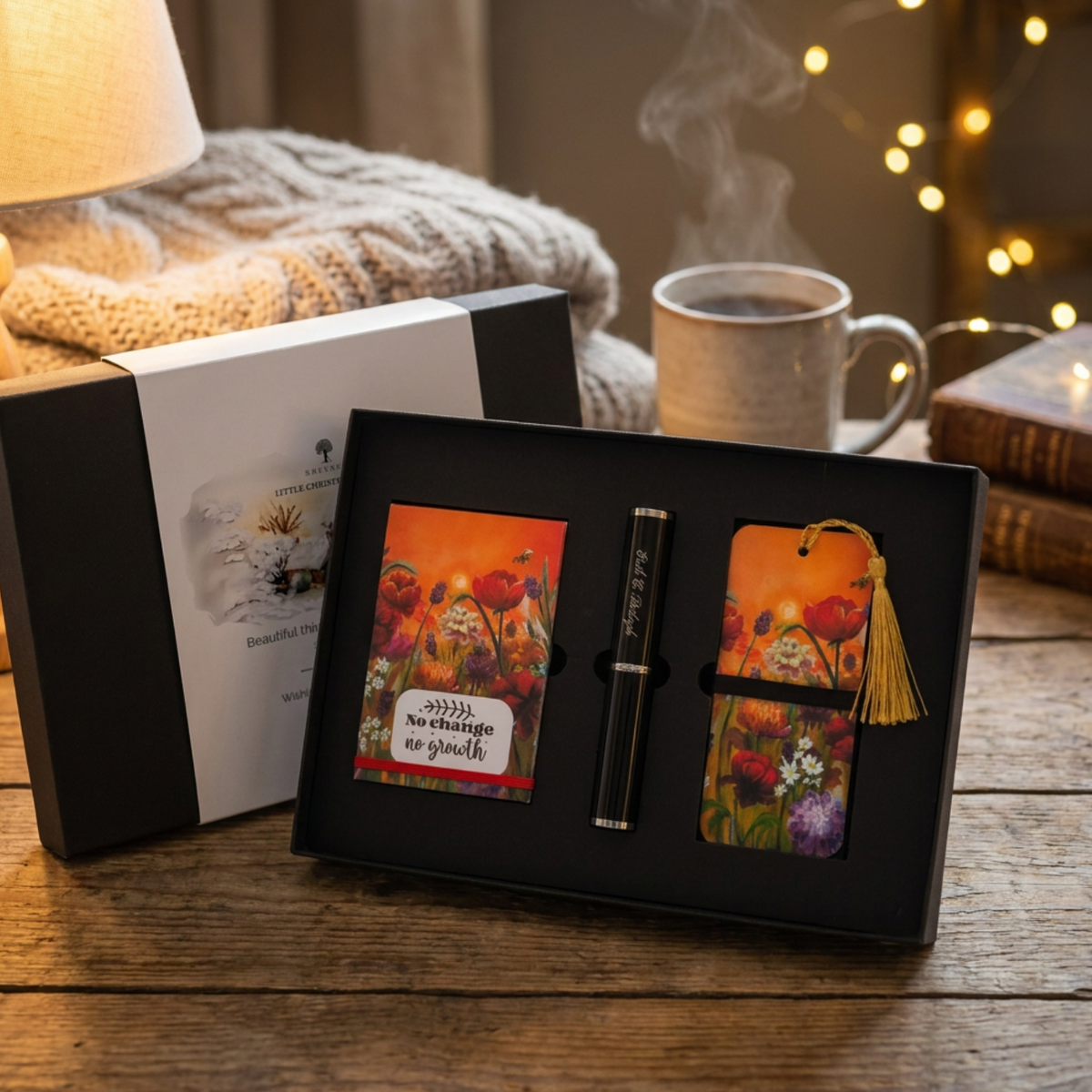A gift set displayed on a wooden table, featuring a black presentation box with two floral-themed items and a black pen. The scene is styled with a warm lamp, a knitted blanket, a steaming mug, and fairy lights in the background.