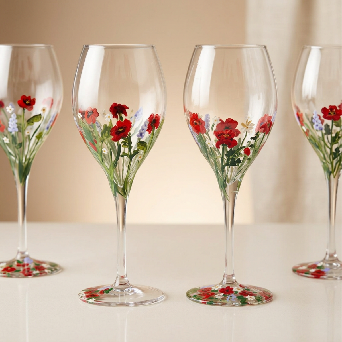 Four clear wine glasses with stems and round bases decorated with painted red flowers, green leaves, and small blue and yellow accents, arranged on a light surface against a soft beige background.