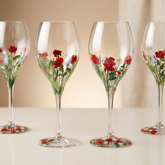 Four clear wine glasses with stems and round bases decorated with painted red flowers, green leaves, and small blue and yellow accents, arranged on a light surface against a soft beige background.