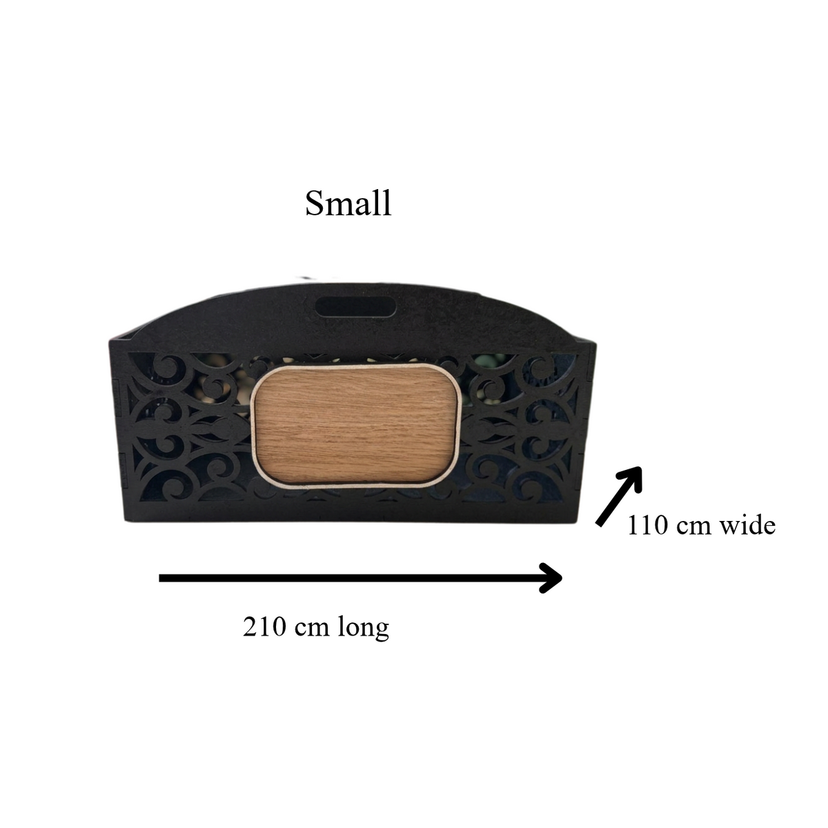 A small black decorative wooden gift basket with a central wood-grain panel, shown on a white background with dimension arrows indicating 210 cm long, 110 cm wide, and labeled Small.