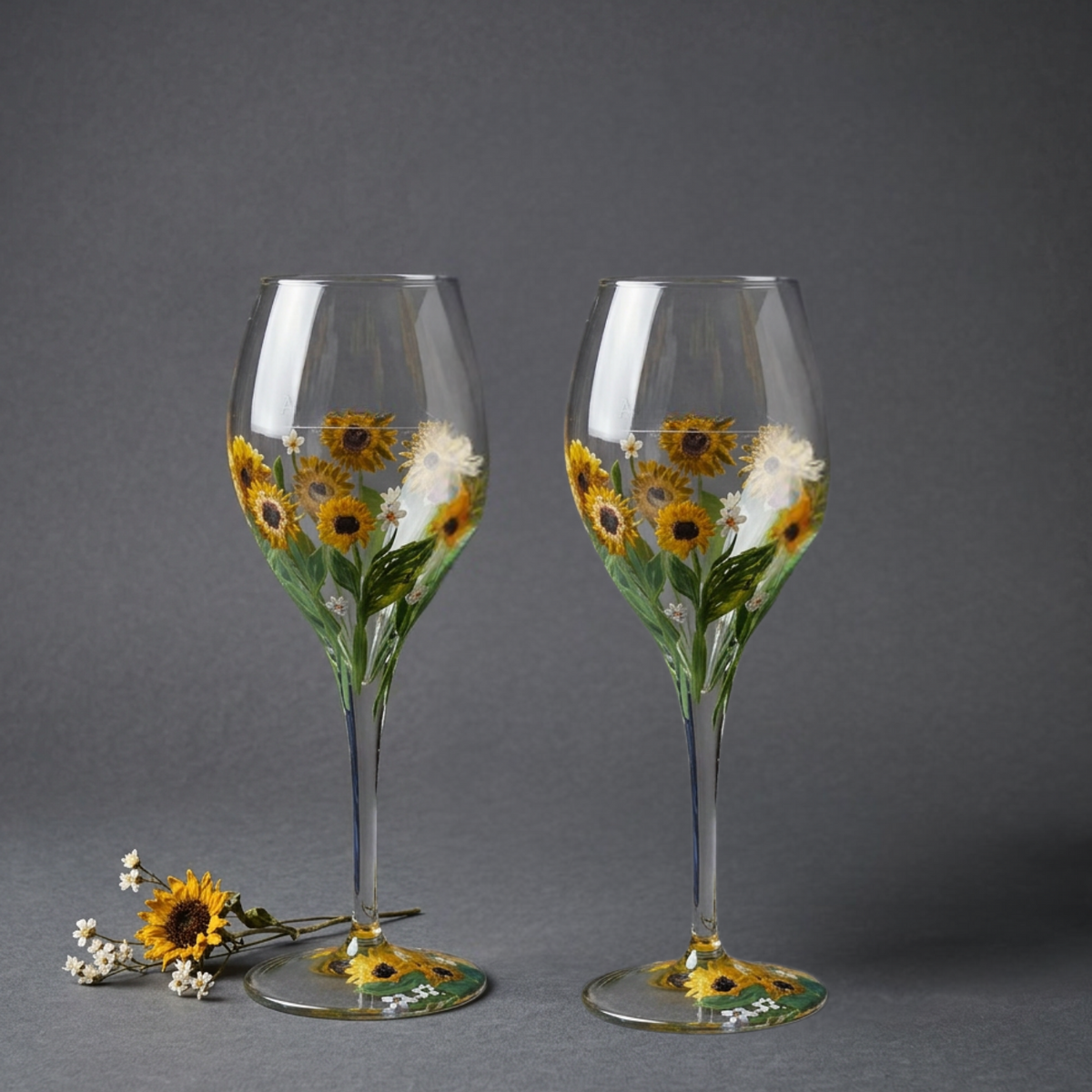 Two clear wine glasses decorated with painted sunflowers and white daisies, shown on a dark gray background with small dried flowers beside them.