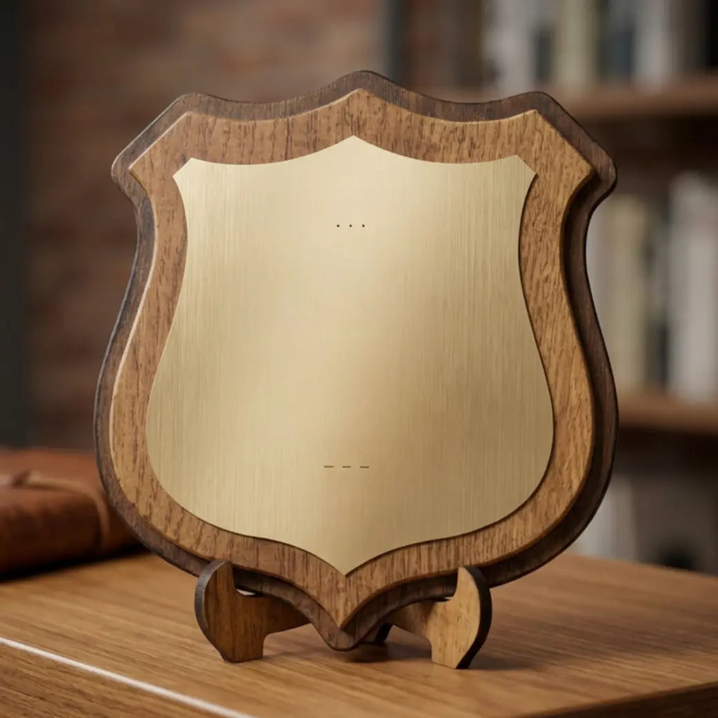 Personalised Retirement Gift Plaque | Engraved Wooden Shield Award with Brushed Gold Plate Krevana Personalised Retirement Gift Plaque | Engraved Wooden Shield Award with Brushed Gold Plate