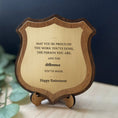 Load image into Gallery viewer, Personalised Retirement Gift Plaque | Engraved Wooden Shield Award with Brushed Gold Plate Krevana Personalised Retirement Gift Plaque | Engraved Wooden Shield Award with Brushed Gold Plate
