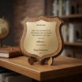 Load image into Gallery viewer, Personalised Retirement Gift Plaque | Engraved Wooden Shield Award with Brushed Gold Plate Krevana Personalised Retirement Gift Plaque | Engraved Wooden Shield Award with Brushed Gold Plate
