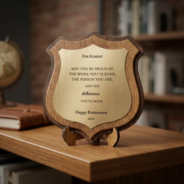 Personalised Retirement Gift Plaque | Engraved Wooden Shield Award with Brushed Gold Plate Krevana Personalised Retirement Gift Plaque | Engraved Wooden Shield Award with Brushed Gold Plate