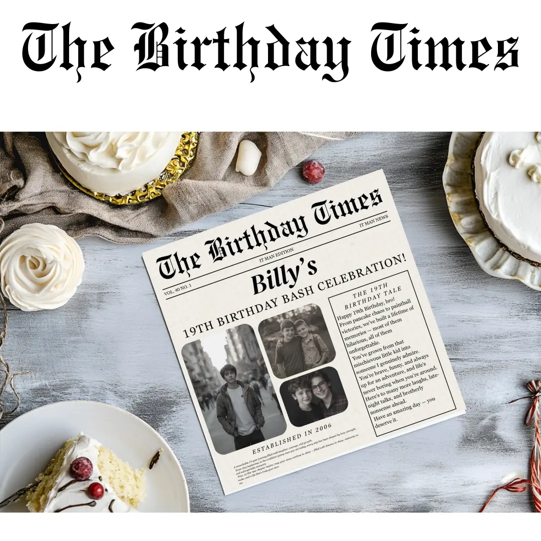 Personalised Birthday Card, “Birthday Times” Story Card – Custom Newspaper Style, 2-Page Double-Sided Print (20x20 cm) - Krevana