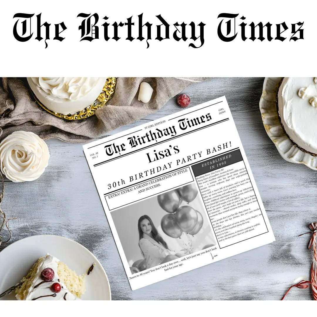 Personalised Birthday Card, “Birthday Times” Story Card – Custom Newspaper Style, 2-Page Double-Sided Print (20x20 cm) - Krevana