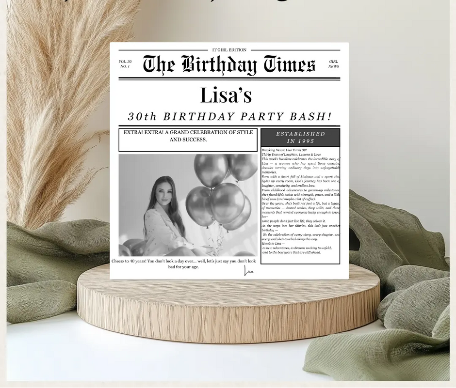 Personalised Birthday Card, “Birthday Times” Story Card – Custom Newspaper Style, 2-Page Double-Sided Print (20x20 cm) - Krevana
