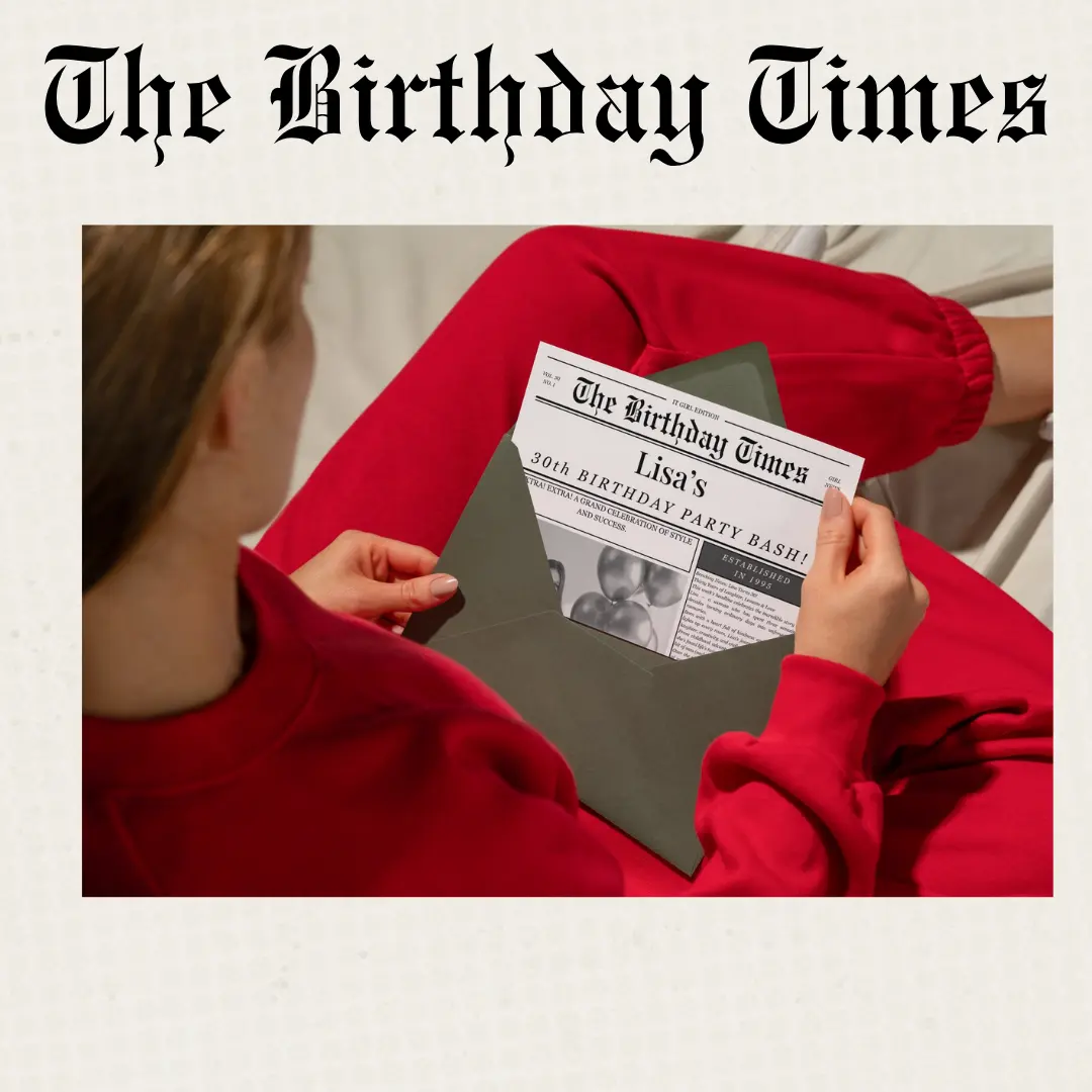 Personalised Birthday Card, “Birthday Times” Story Card – Custom Newspaper Style, 2-Page Double-Sided Print (20x20 cm) - Krevana