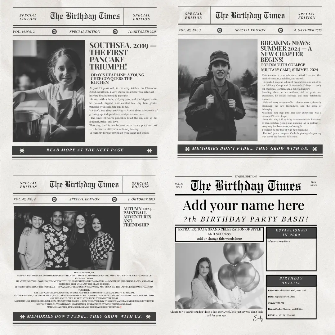 Personalised Birthday Card, “Birthday Times” Story Card – Custom Newspaper Style, 2-Page Double-Sided Print (20x20 cm) - Krevana