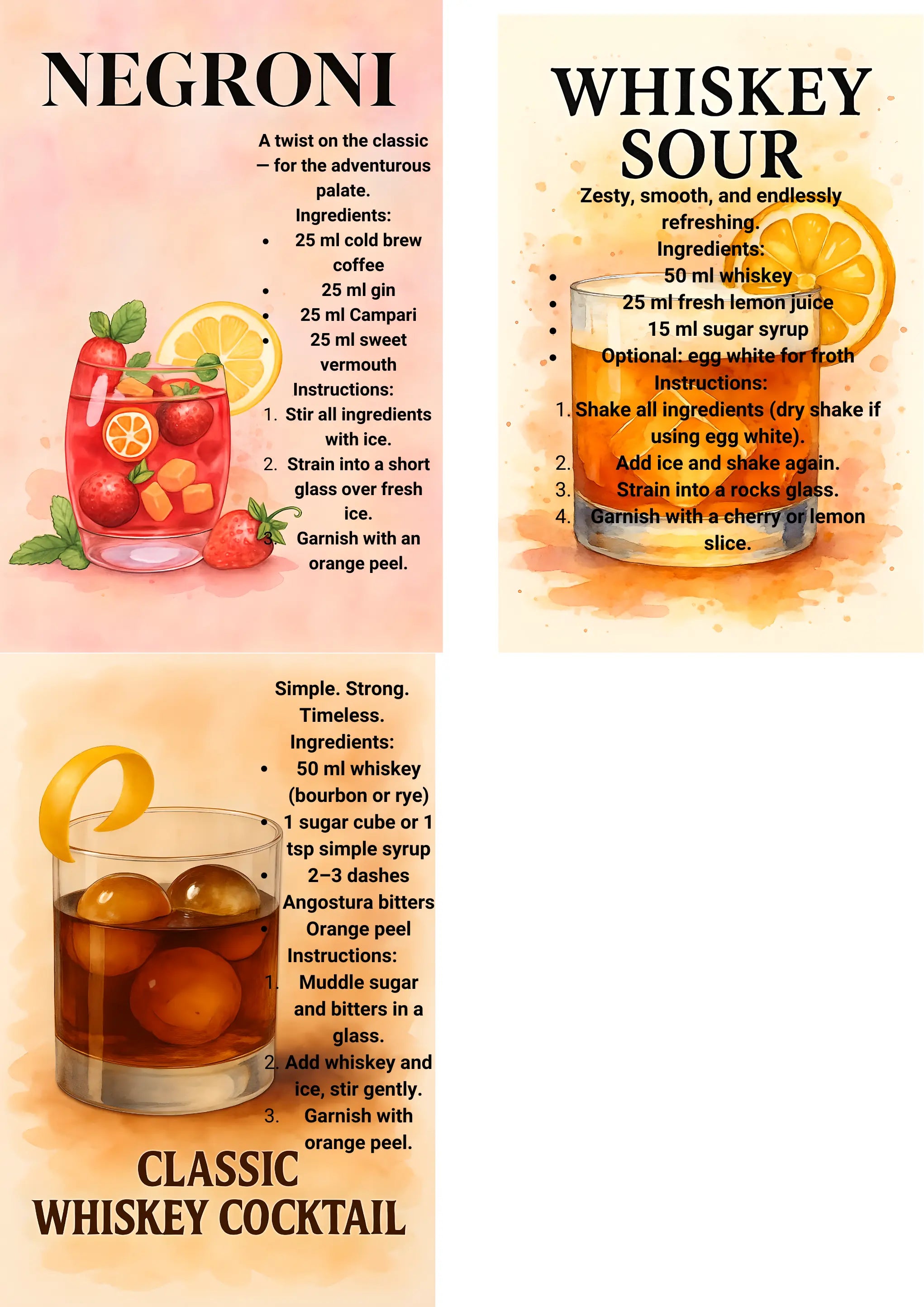 Whiskey Cocktail Recipe Cards on Ring – 7x9cm Laminated – Set of 3 Whiskey Drinks – Bar Gift Idea Krevana Whiskey Cocktail Recipe Cards on Ring – 7x9cm Laminated – Set of 3 Whiskey Drinks – Bar Gift Idea