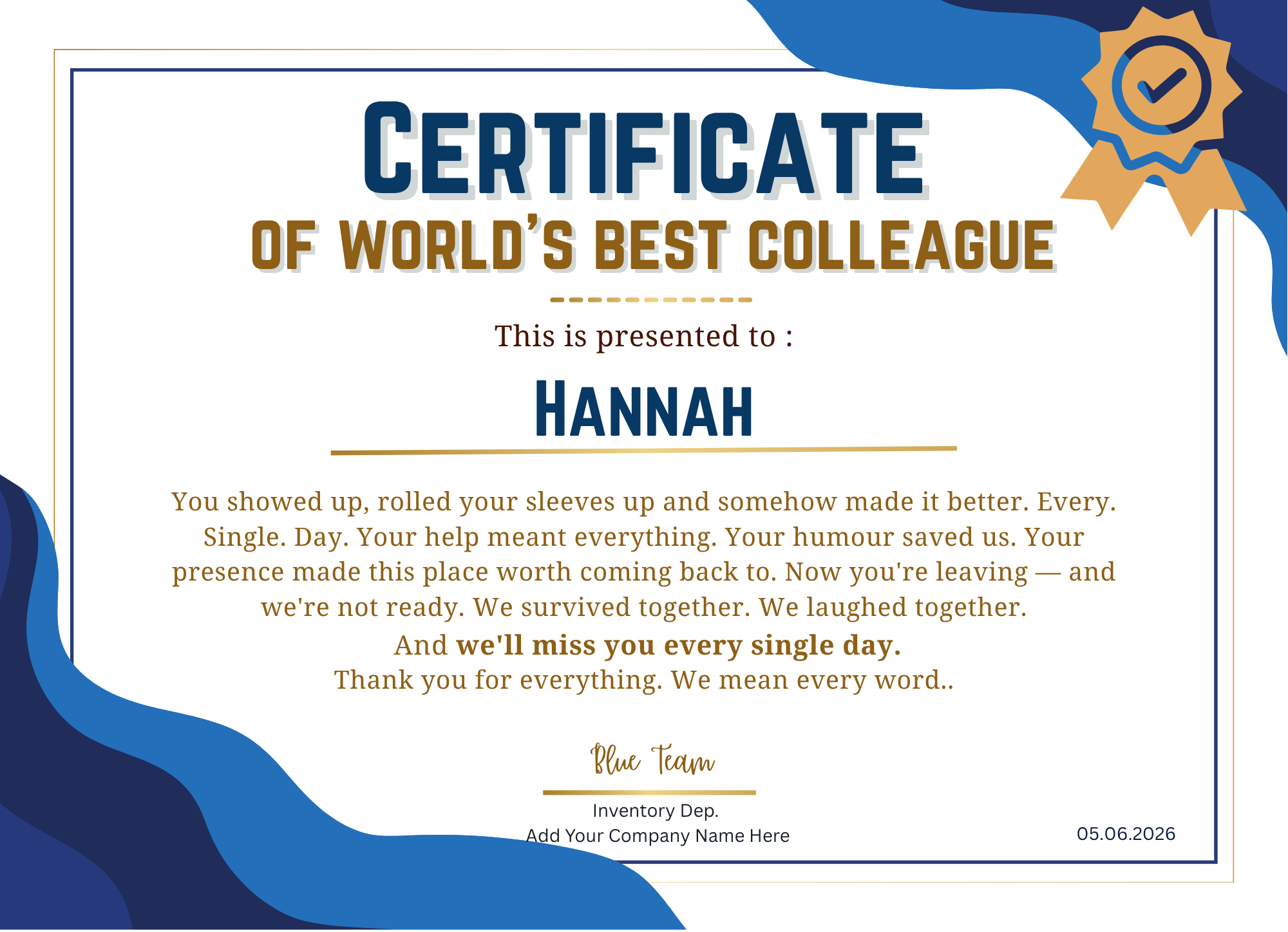 Funny World's Best Colleague Certificate | Personalised Leaving Gift A4