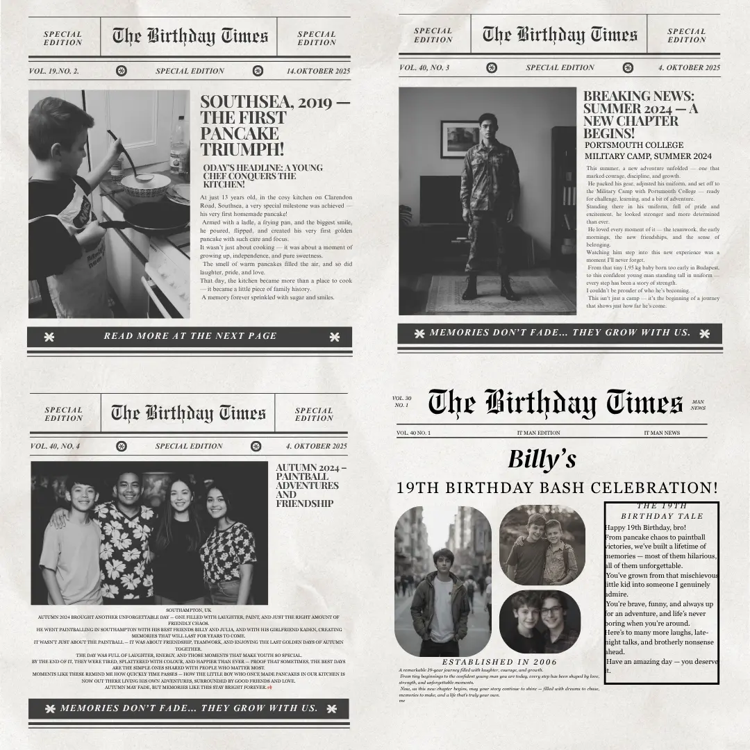 Personalised Birthday Card, “Birthday Times” Story Card – Custom Newspaper Style, 2-Page Double-Sided Print (20x20 cm) - Krevana