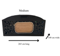 Load image into Gallery viewer, A medium-sized black decorative gift basket with ornate scrollwork cutouts and a light wood-grain center panel, shown on a white background with dimension labels indicating 265 cm long, 140 cm wide, and medium height.

