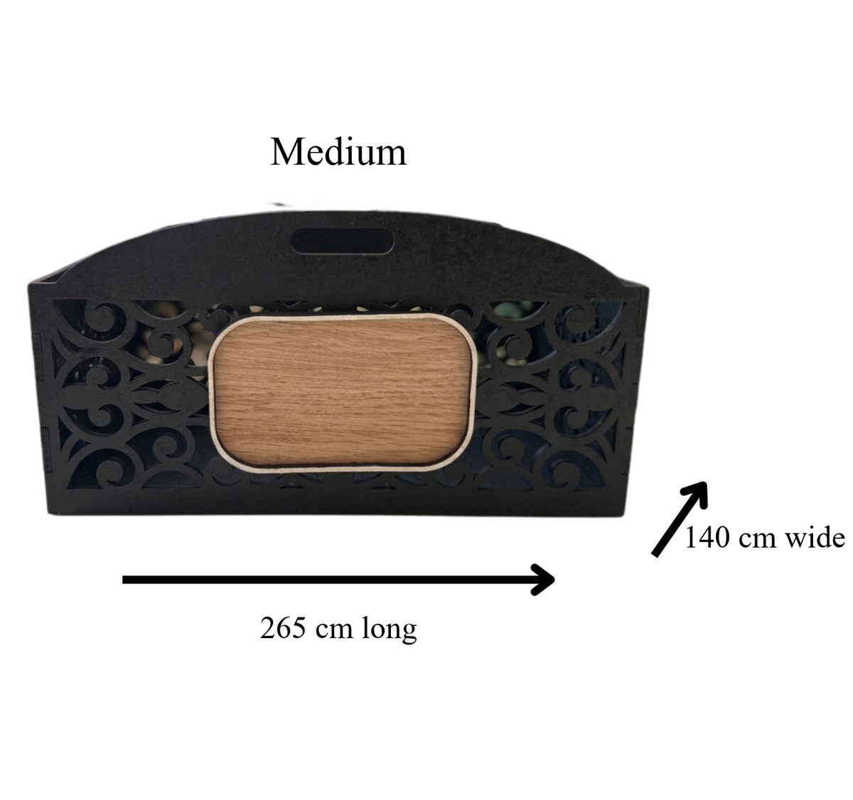 A medium-sized black decorative gift basket with ornate scrollwork cutouts and a light wood-grain center panel, shown on a white background with dimension labels indicating 265 cm long, 140 cm wide, and medium height.