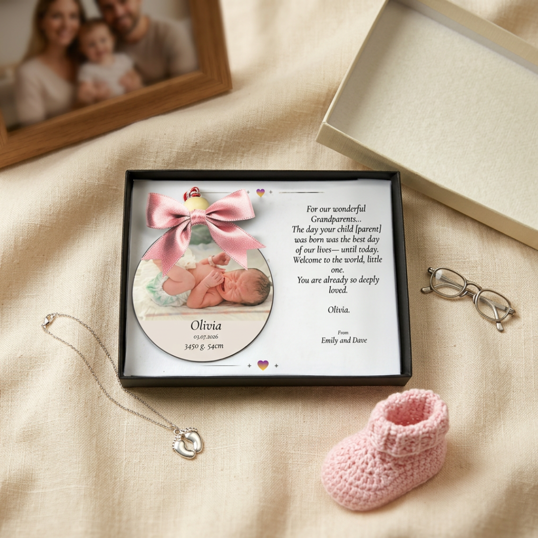 Personalised New Baby Keepsake | Custom Photo Birth Ornament with Luxury Gift Box