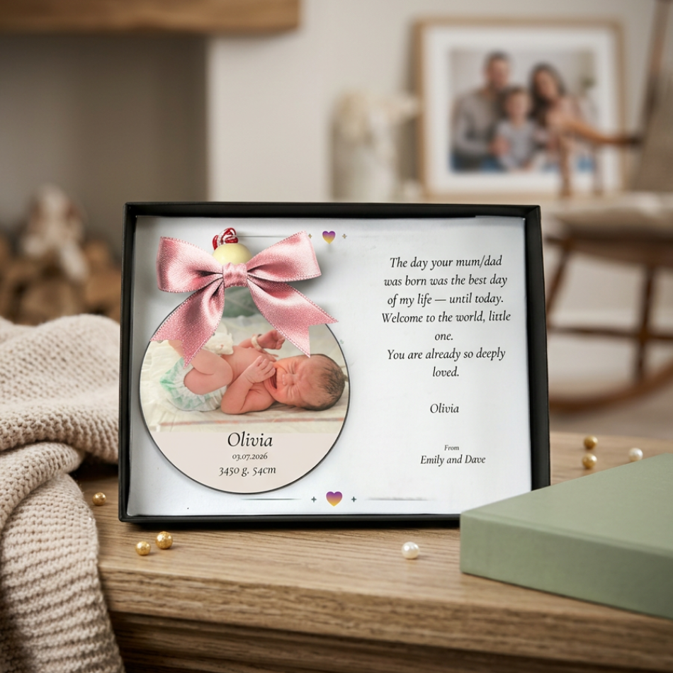 Personalised New Baby Keepsake | Custom Photo Birth Ornament with Luxury Gift Box
