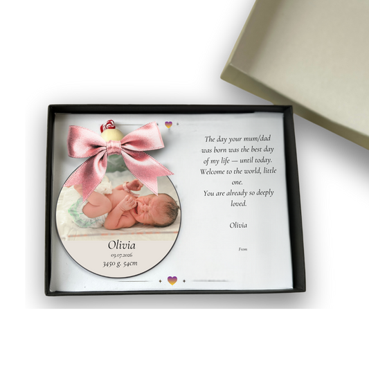 Personalised New Baby Keepsake | Custom Photo Birth Ornament with Luxury Gift Box