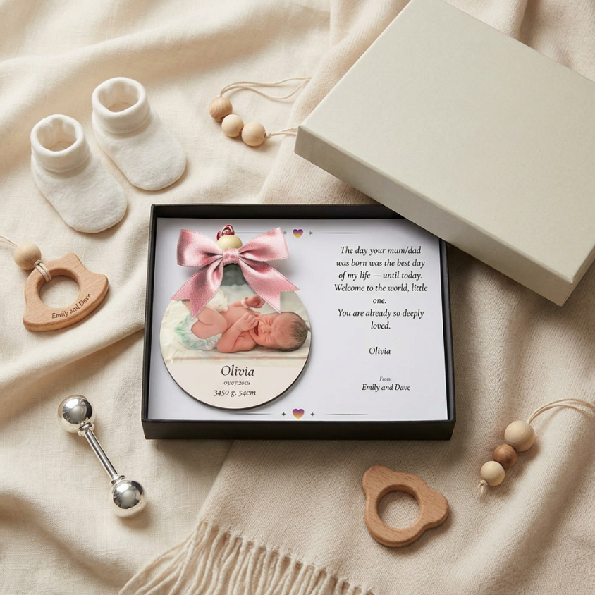 Personalised New Baby Keepsake | Custom Photo Birth Ornament with Luxury Gift Box