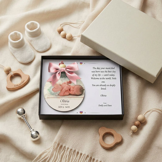 Personalised New Baby Keepsake | Custom Photo Birth Ornament with Luxury Gift Box