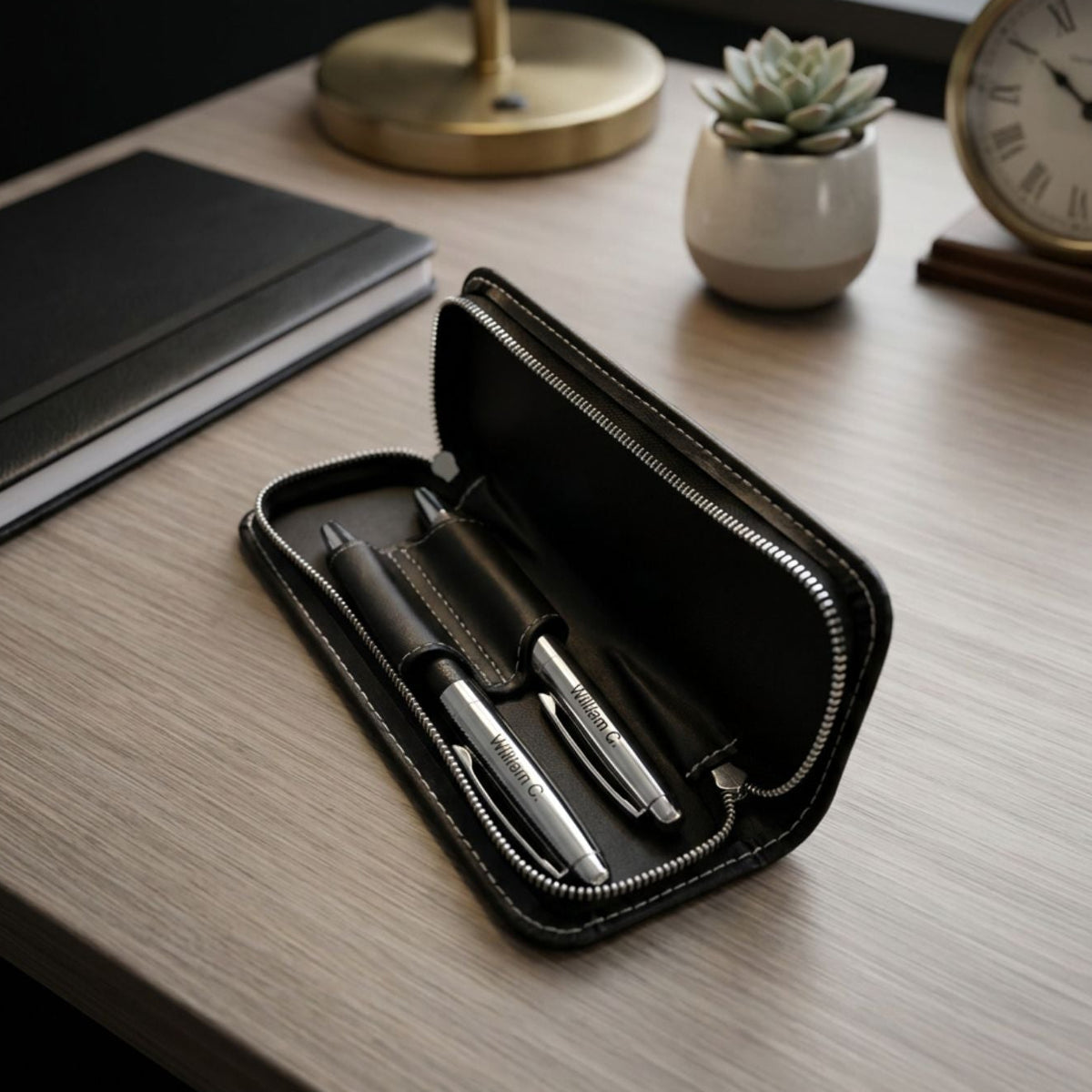 Personalised Engraved Pens Set with PU Leather Case – Ballpoint & Rollerball