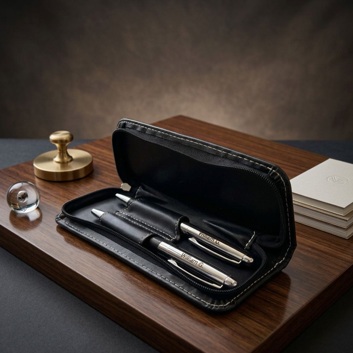 Personalised Engraved Pens Set with PU Leather Case – Ballpoint & Rollerball