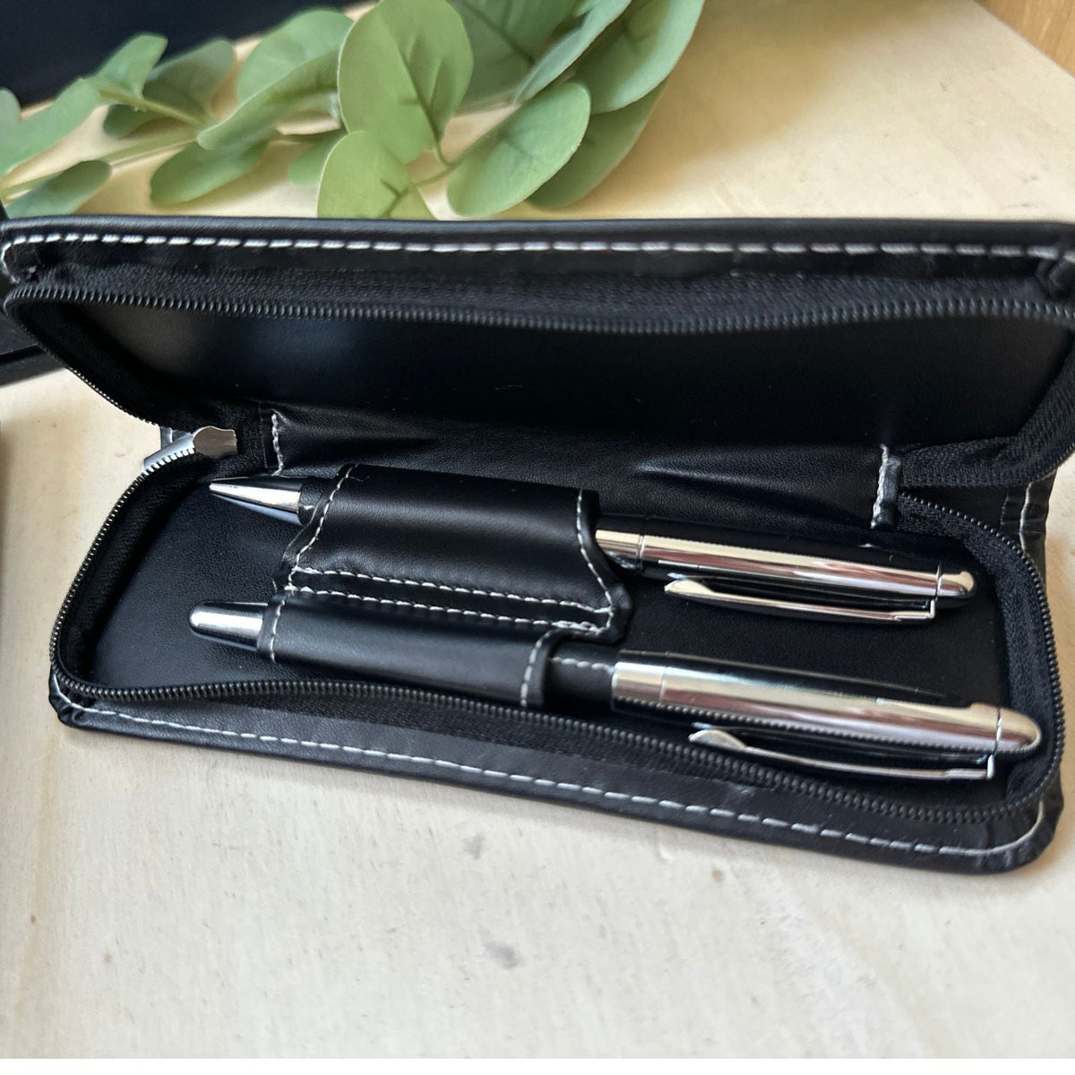 Personalised Engraved Pens Set with PU Leather Case – Ballpoint & Rollerball