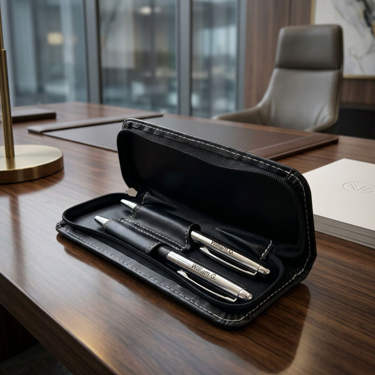 Personalised Engraved Pens Set with PU Leather Case – Ballpoint & Rollerball