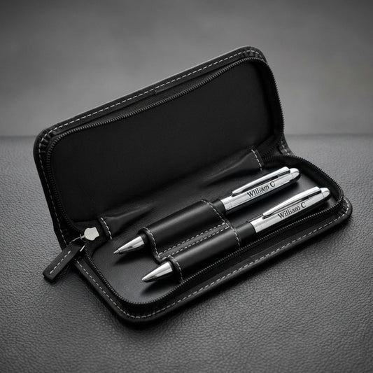 Personalised Engraved Pens Set with PU Leather Case – Ballpoint & Rollerball