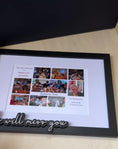 Load and play video in Gallery viewer, Shows he Farewell picture frame with  "We will miss you" Laser cut wooden tag on the frame and with colleagues photo collage how lookung.

