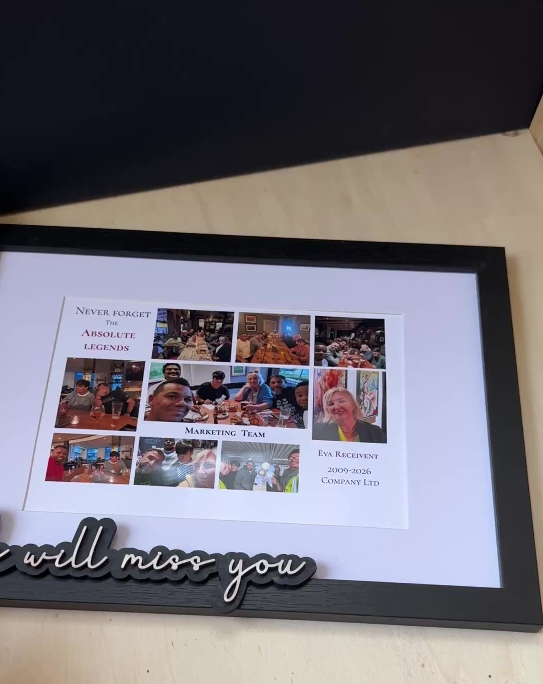 Shows he Farewell picture frame with  "We will miss you" Laser cut wooden tag on the frame and with colleagues photo collage how lookung.