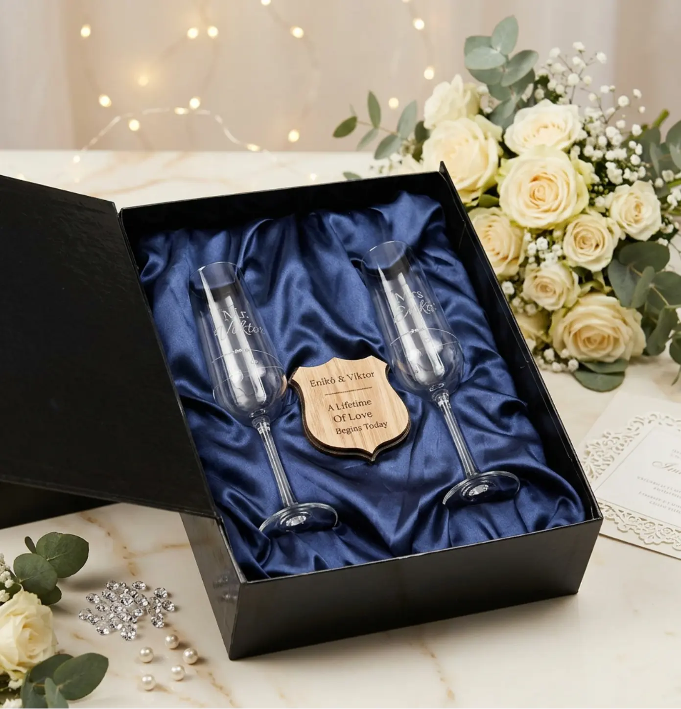 Luxury Personalised Wedding Champagne Glass Set with Plaque – Gift Box Krevana Luxury Personalised Wedding Champagne Glass Set with Plaque – Gift Box