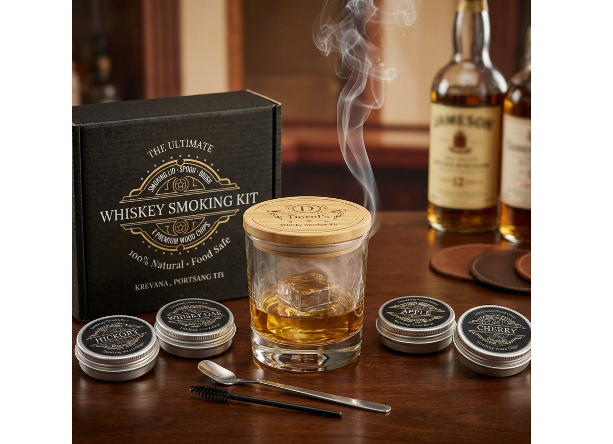 Personalised Whisky Smoker Kit | Engraved Smoking Lid | 4 Premium Wood Chips | Birthday Gift for Him | Krevana