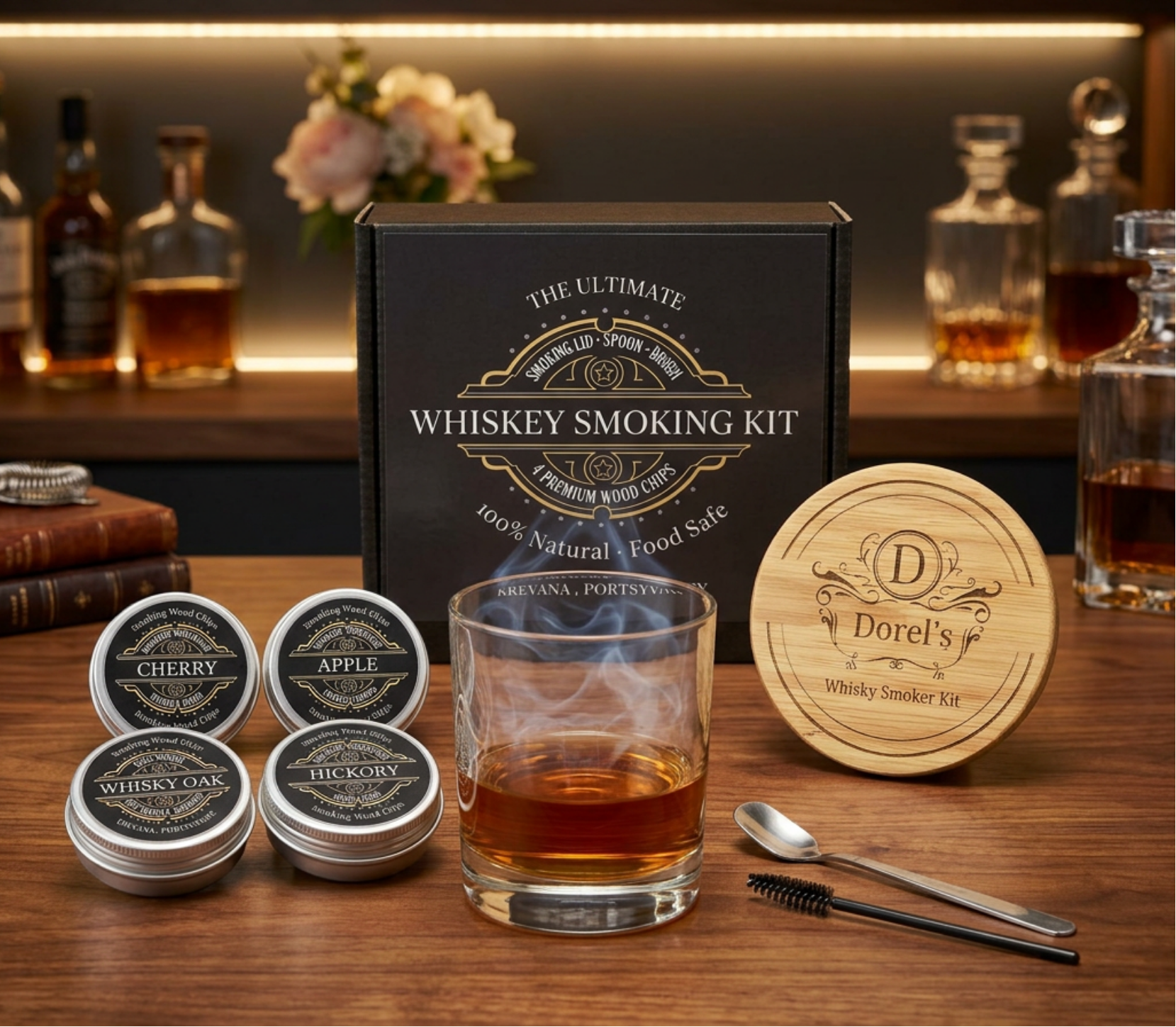Personalised Whisky Smoker Kit | Engraved Smoking Lid | 4 Premium Wood Chips | Birthday Gift for Him | Krevana