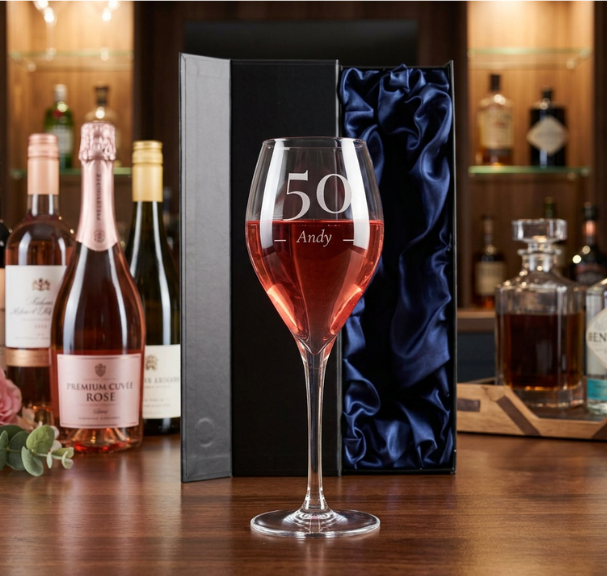 Personalised Birthday Wine Glass | Engraved Milestone Birthday Gift | Luxury Silk Gift Box