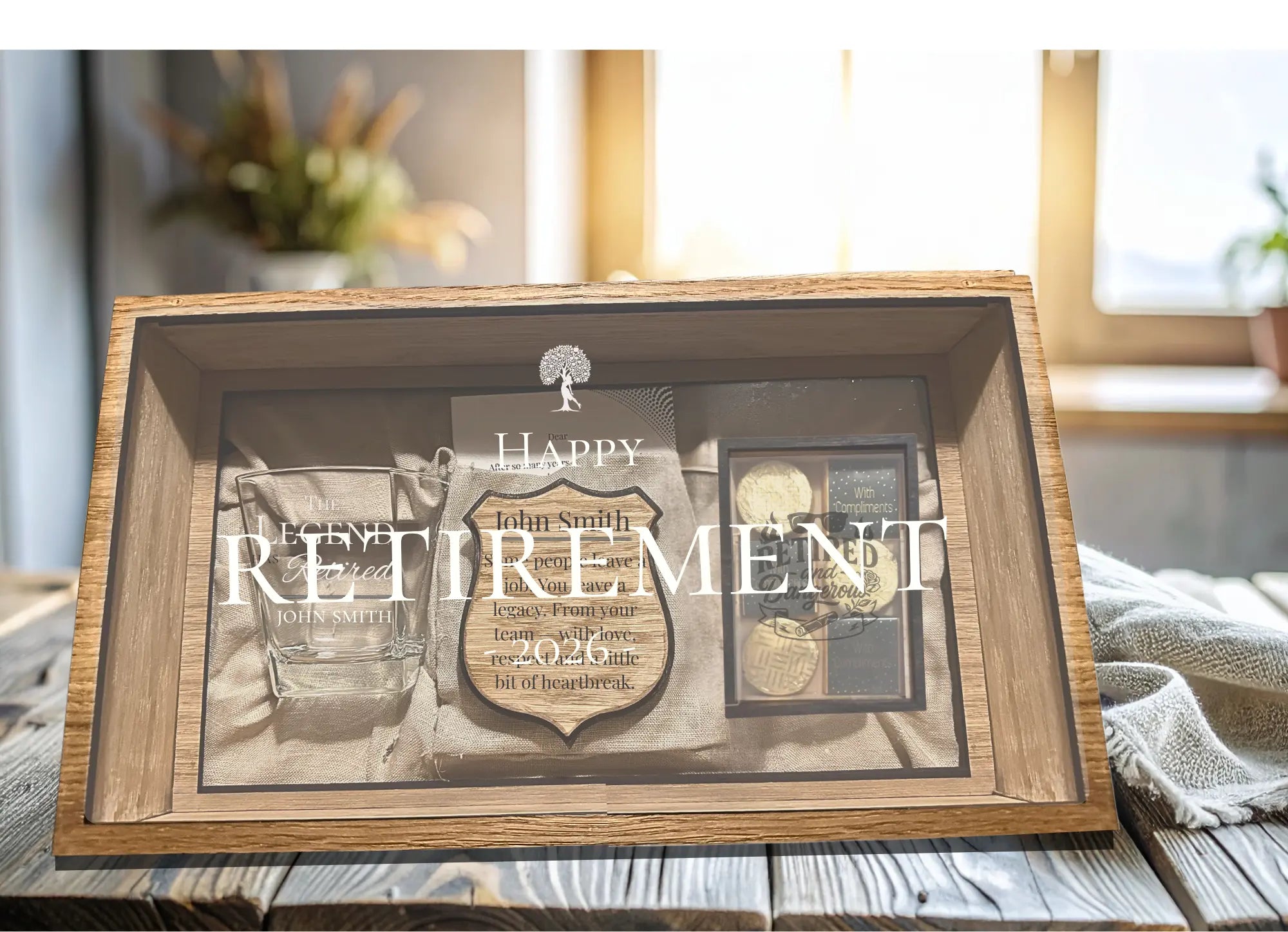 Personalised Luxury Retirement Gift Set — Wooden Shadow Box with Engraved Glass, Artisan Chocolates & Fine Art Card UK Krevana Personalised Luxury Retirement Gift Set — Wooden Shadow Box with Engraved Glass, Artisan Chocolates & Fine Art Card UK